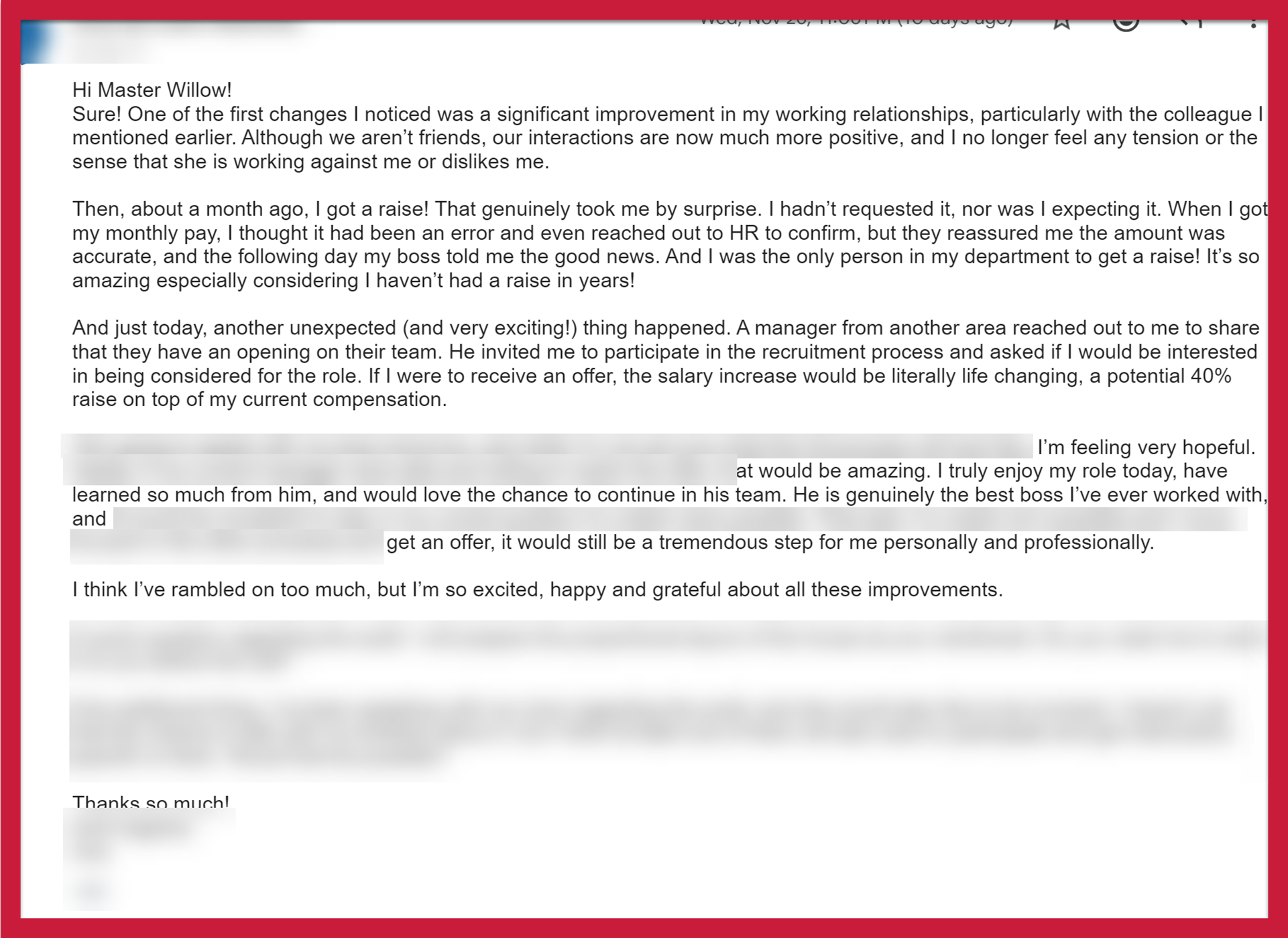 Client testimonial about career breakthrough, salary increase, relationship improvement, Supportive People Talisman, and Wealth Talisman.