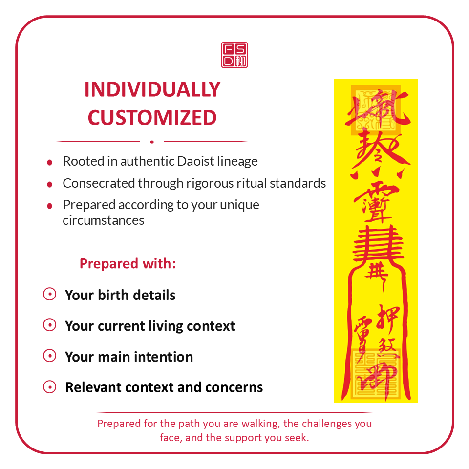 Custom Daoist amulet prepared for personal protection, spiritual cleansing, fortune refreshing, car protection, accident cleansing, and steady long-term support.