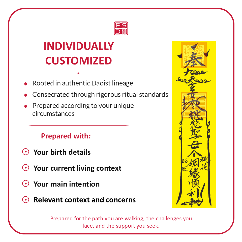 Custom love talisman prepared for Peach Blossom luck, attraction, meaningful love, romantic timing, emotional warmth, and relationship opportunity.